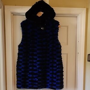 Blue and Black Striped Hooded Rabbit Fur Vest